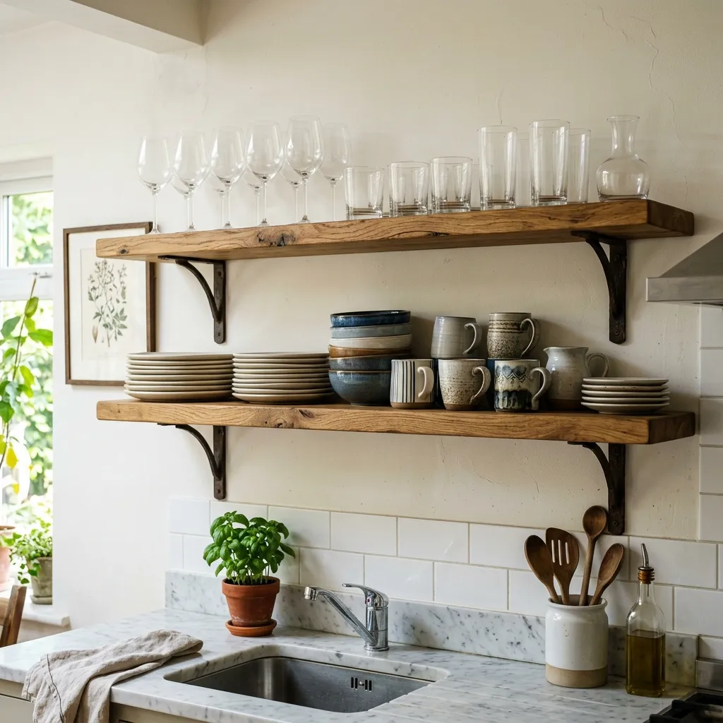 Two wooden shelves mounted on a white wall, holding neatly stacked plates, bowls, mugs, and glassware, above a kitchen sink with a potted plant and utensils.