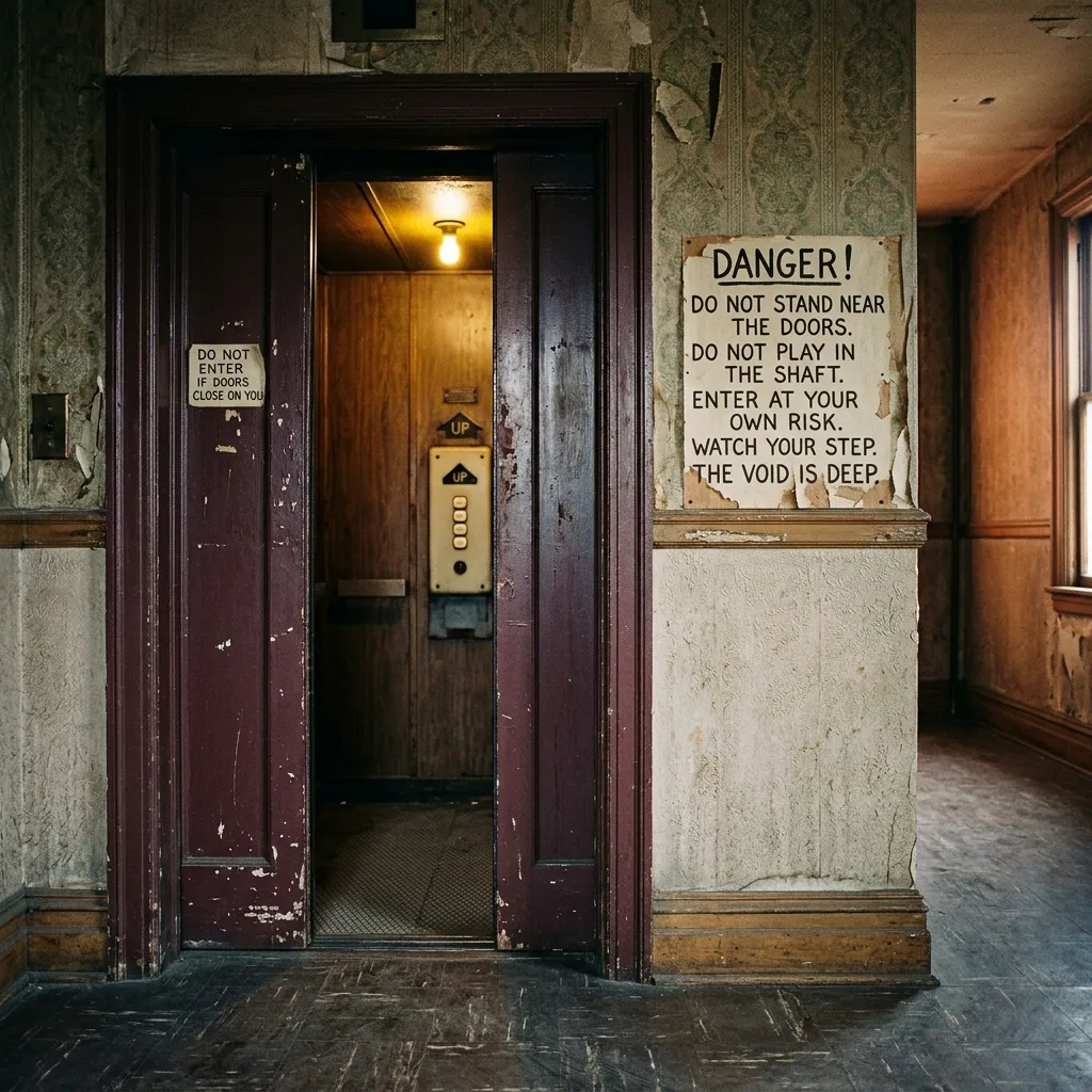 An open elevator door in an eerie, abandoned building with peeling wallpaper and a warning sign reading "Danger! Do not stand near the doors... The void is deep."