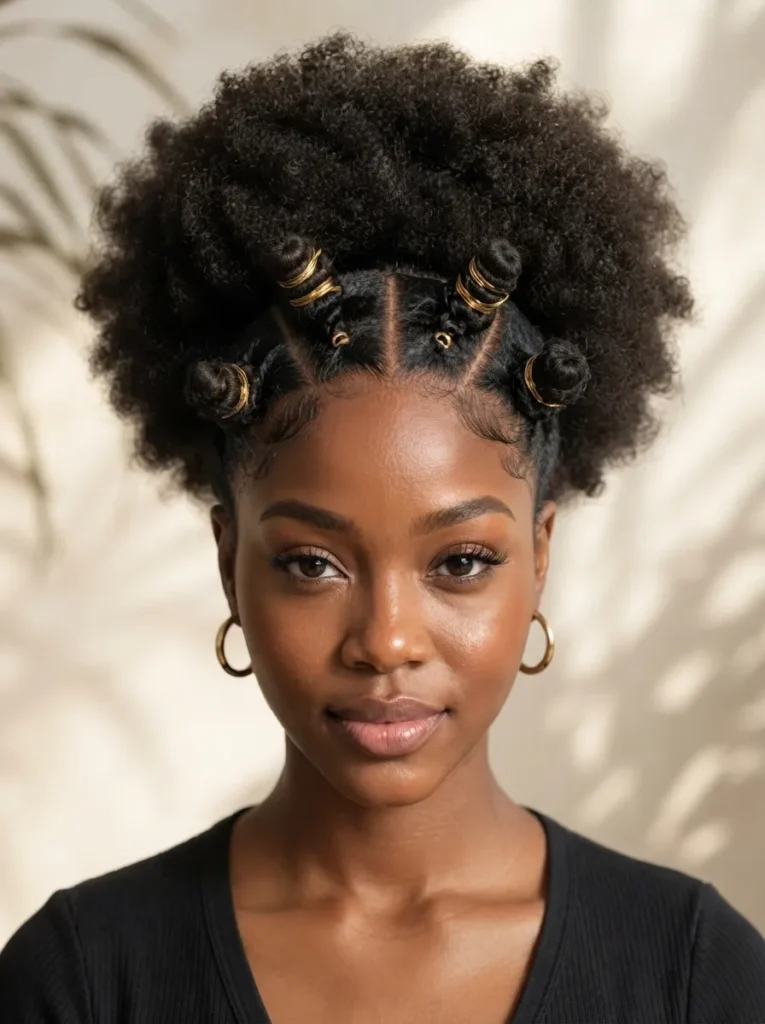 A Black woman with an afro puff and styled front Bantu knots accented with gold rings, wearing a black top and gold hoop earrings.
