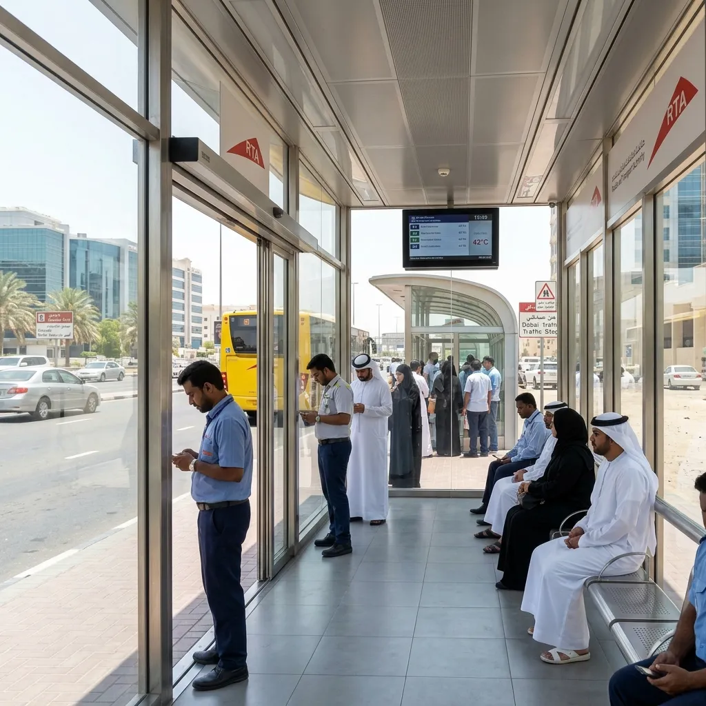 Commuters waiting inside an enclosed, air-conditioned glass bus shelter in Dubai on a hot day.