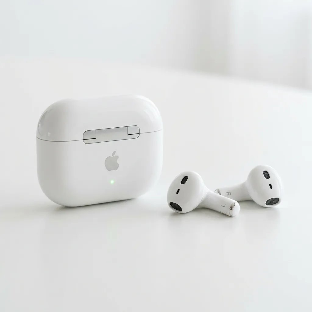 A white AirPods charging case with a lit status indicator next to two white wireless earbuds on a clean white surface.