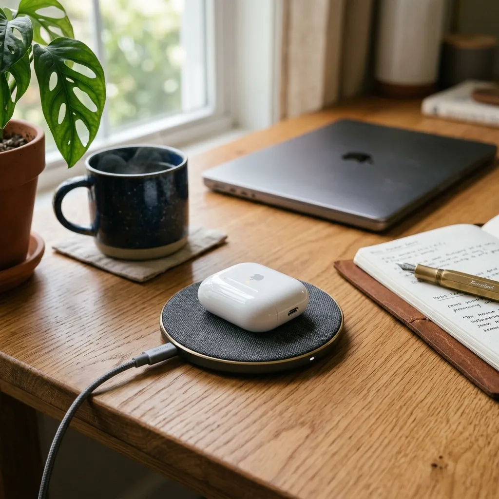 A white AirPods charging case resting on a dark fabric wireless charging pad on a wooden desk next to a laptop, notebook, and coffee mug.