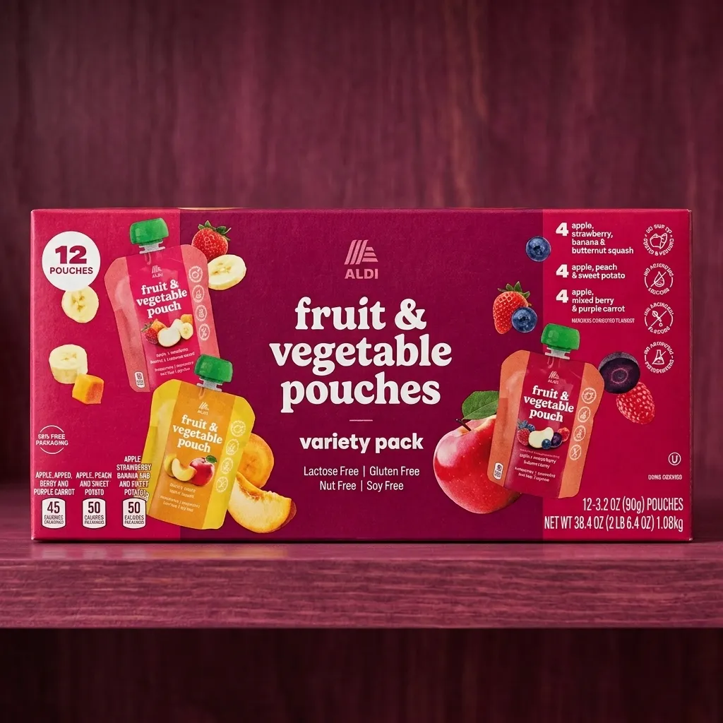 Aldi Fruit and Vegetable Pouches variety pack box showing 12 pouches, assorted fruit and vegetable graphics, and flavor breakdown labels.