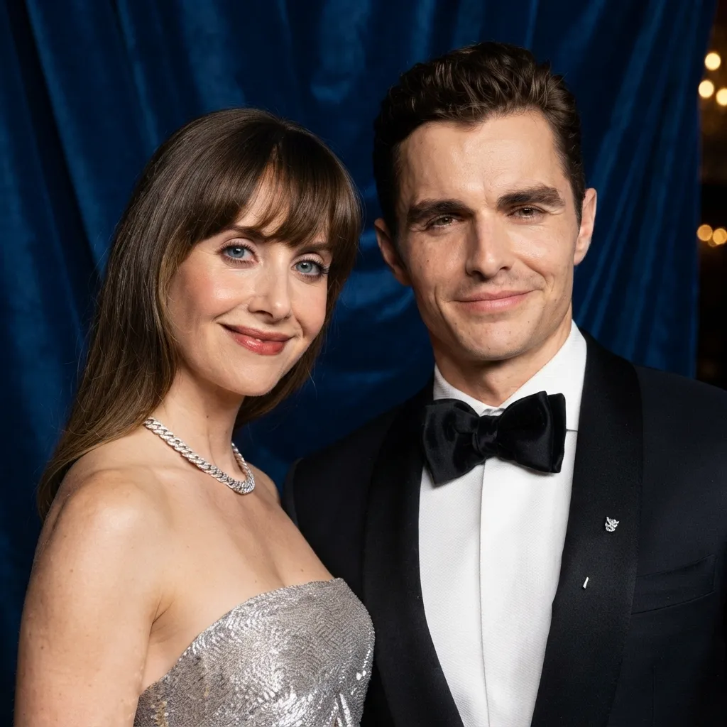 Alison Brie in a silver strapless gown and necklace, posing next to her husband Dave Franco, who is wearing a black tuxedo with a bow tie against a blue curtain backdrop.