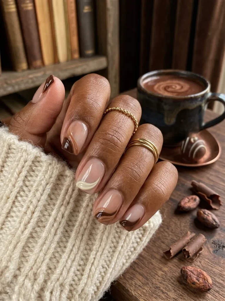 Almond-shaped nails with a sheer nude base and cozy chocolate brown and cream abstract swirls