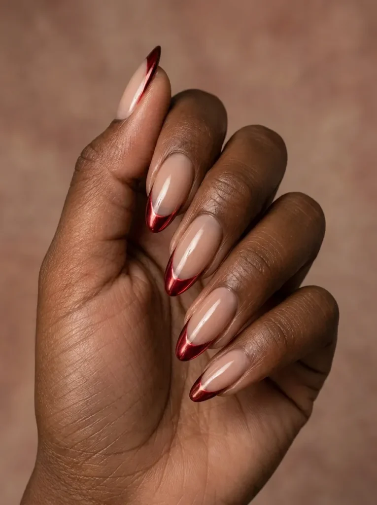 Almond-shaped nails with a glossy nude base and striking metallic red chrome French tips