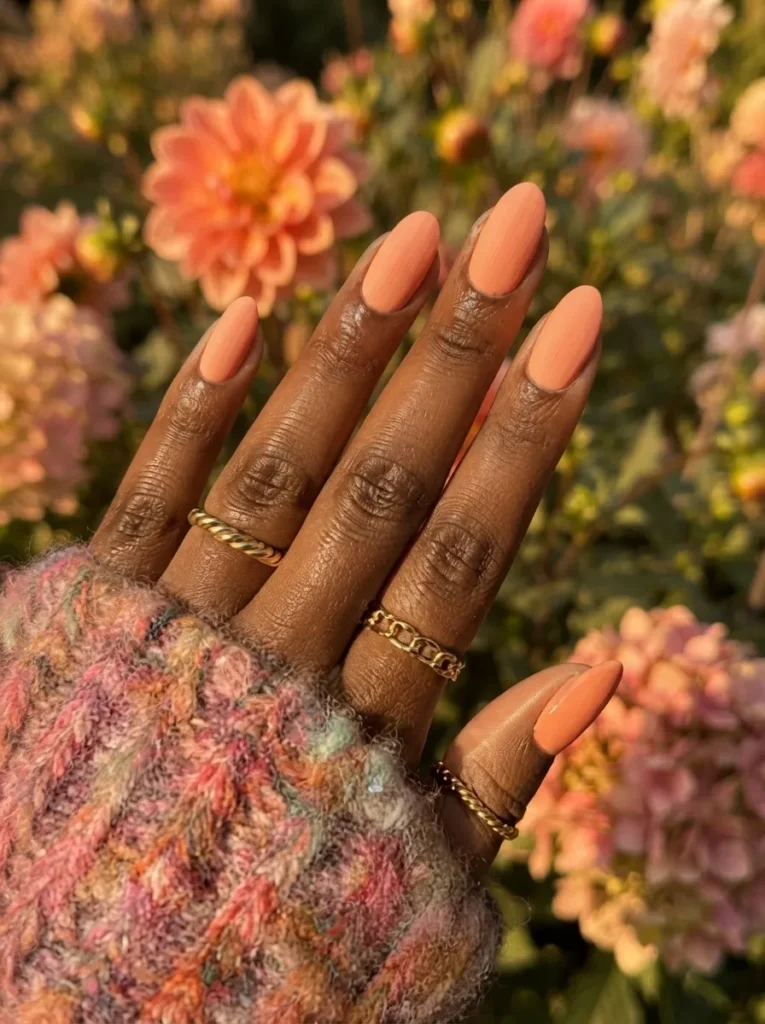 Almond-shaped nails with a solid peach-coral color in a smooth matte finish