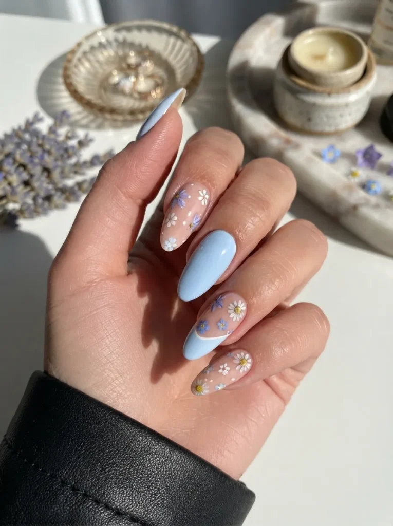 Almond-shaped nails with light blue accents and a blue and white floral design