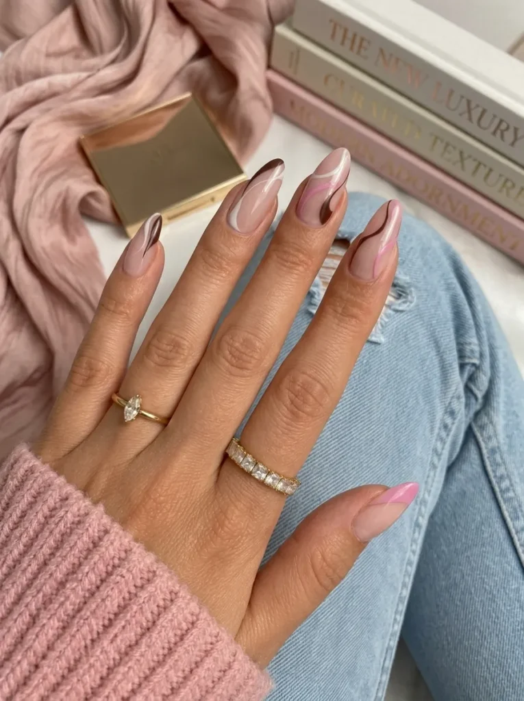 Hand wearing a pink sweater and gold rings featuring almond nails with a nude base and delicate brown and pink ribbon swirls.