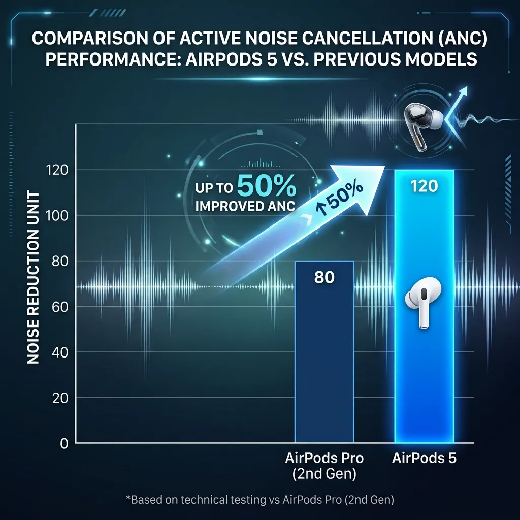 A performance comparison chart showing up to 50 percent improved Active Noise Cancellation for AirPods 5 compared to AirPods Pro 2nd Gen.