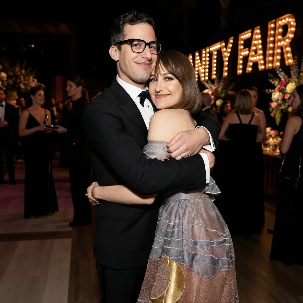 Andy Samberg wearing glasses and a black suit embracing his wife Joanna Newsom, who is wearing a multi-toned patterned dress, in front of a glowing "Vanity Fair" sign.