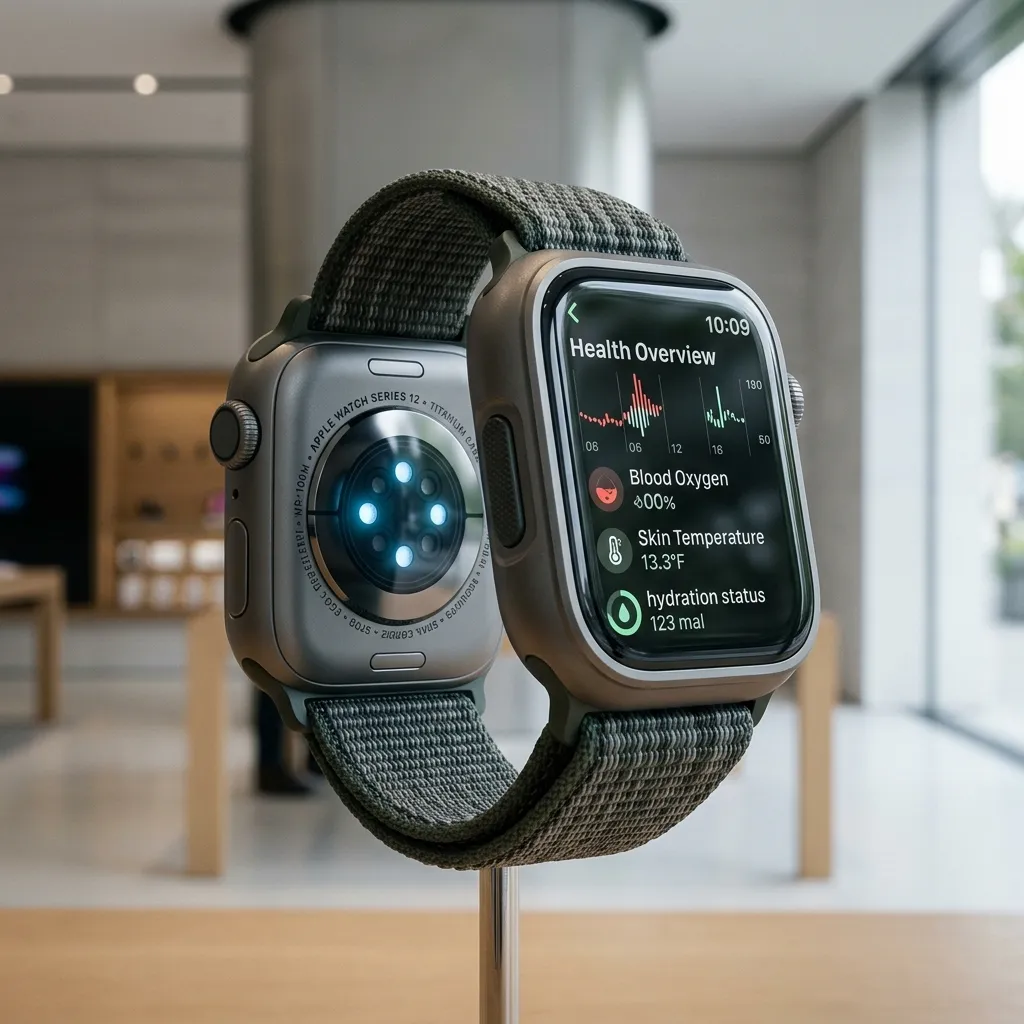 Apple Watch Series titanium featuring health overview display with blood oxygen, skin temperature, and hydration status metrics