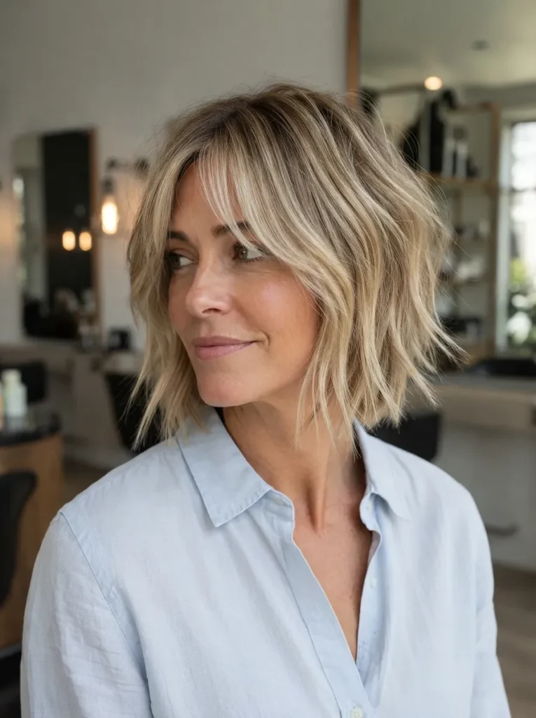 A woman with an ash blonde messy bob and curtain bangs wearing a light blue shirt.