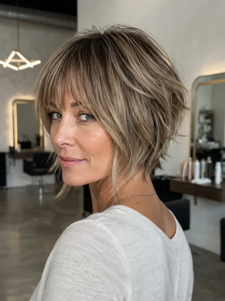 Ash blonde messy stacked bob with layers