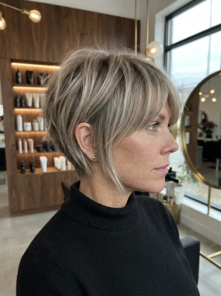 Profile view of a woman with an ash-blonde pixie bob haircut and side-swept bangs, wearing a black turtleneck in a modern salon.