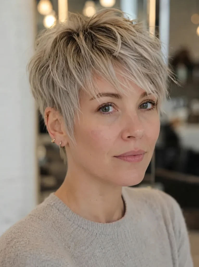 Woman with an ash blonde pixie cut featuring textured layers and side-swept bangs wearing a light grey sweater.