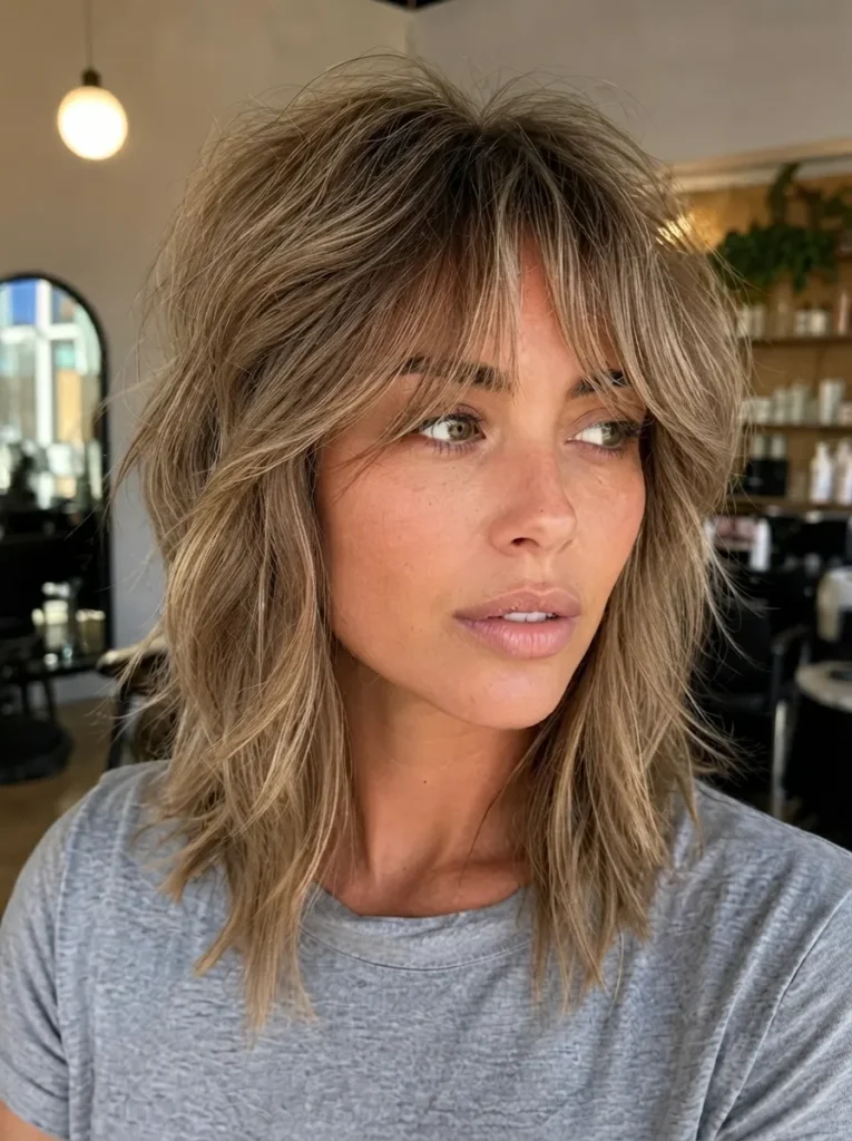 Woman with an ash blonde shag haircut and face-framing bangs wearing a grey t-shirt.