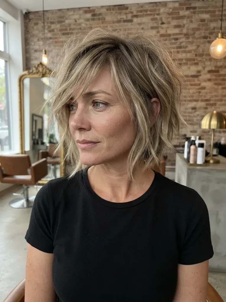 A woman with an ash blonde shaggy bob and a deep side part wearing a black shirt.