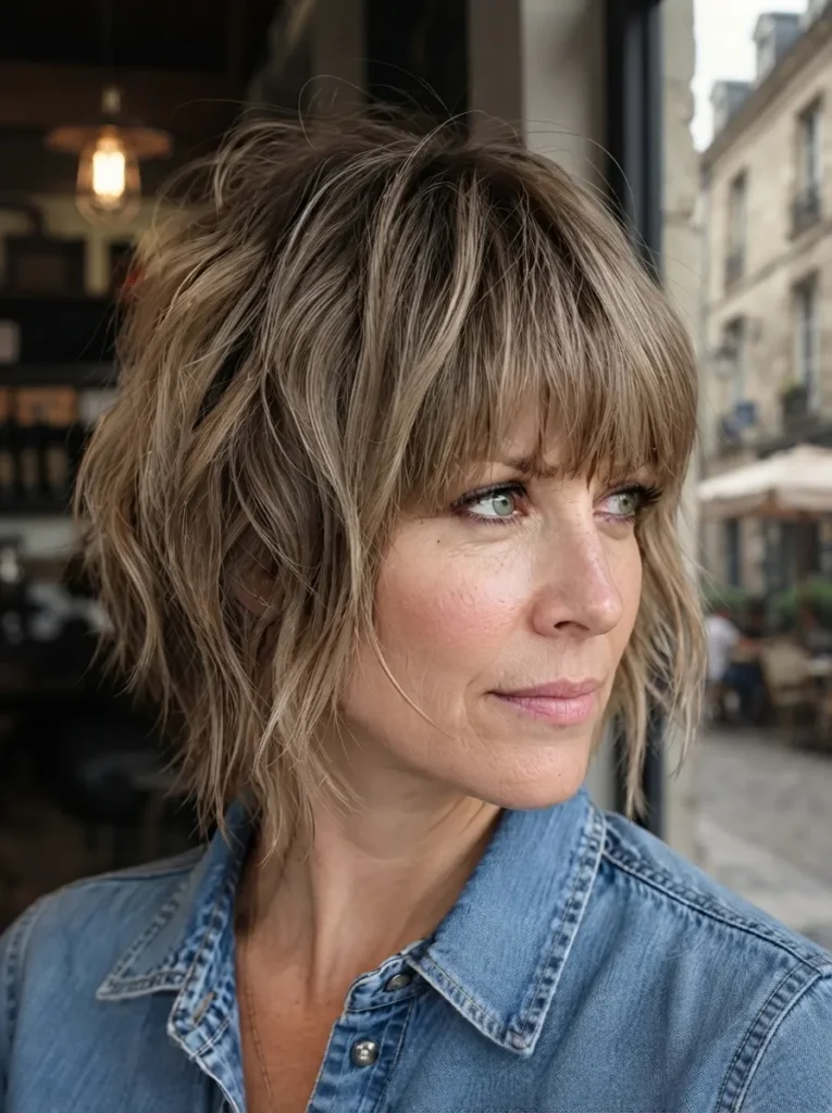 Woman with messy blonde choppy bob haircut and textured bangs wearing a denim shirt.