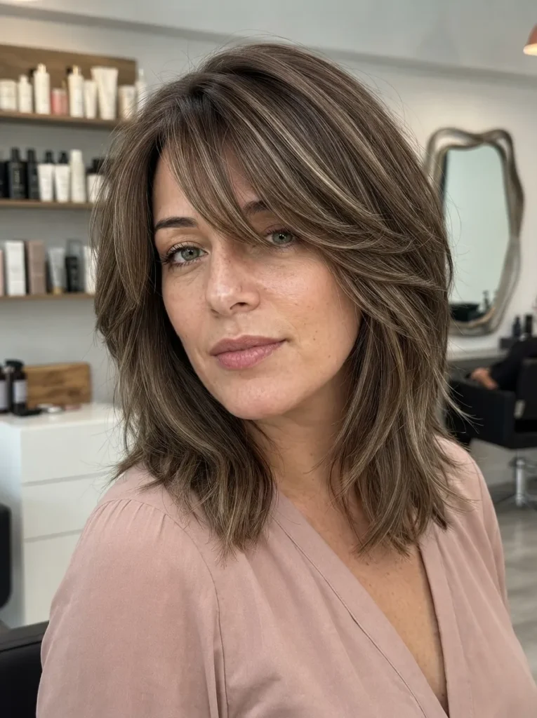 Woman with an ash-brown layered haircut featuring side-swept bangs in a salon.