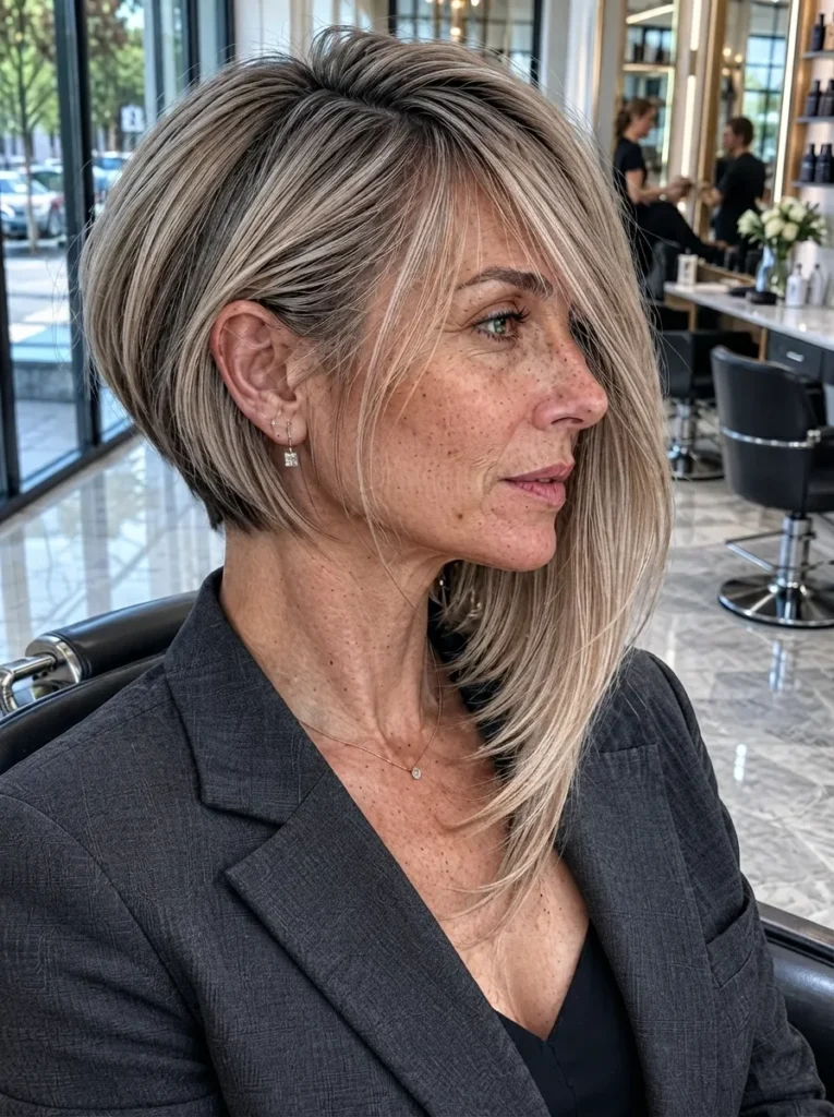 A woman with an asymmetrical blonde bob haircut wearing a dark blazer in a salon.