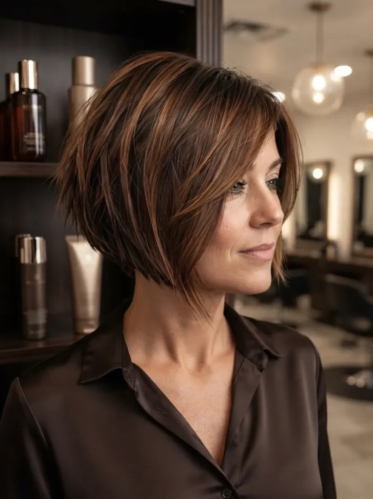 Profile view of a woman with an auburn choppy angled bob, subtle highlights, and a side part, wearing a dark brown collared shirt.