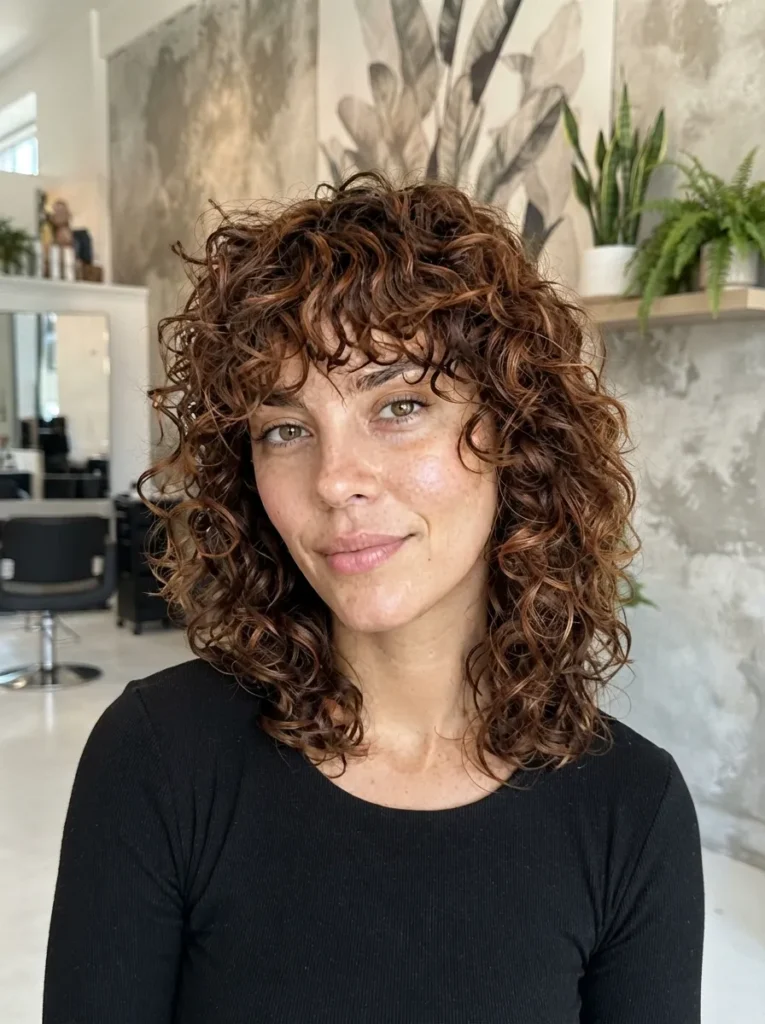 Woman with an auburn curly shag haircut and curly bangs wearing a black top.