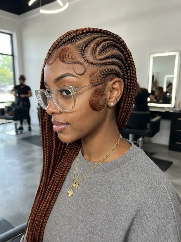 Side profile of a woman wearing rich auburn Fulani cornrows with intricate curved parting patterns and laid edges