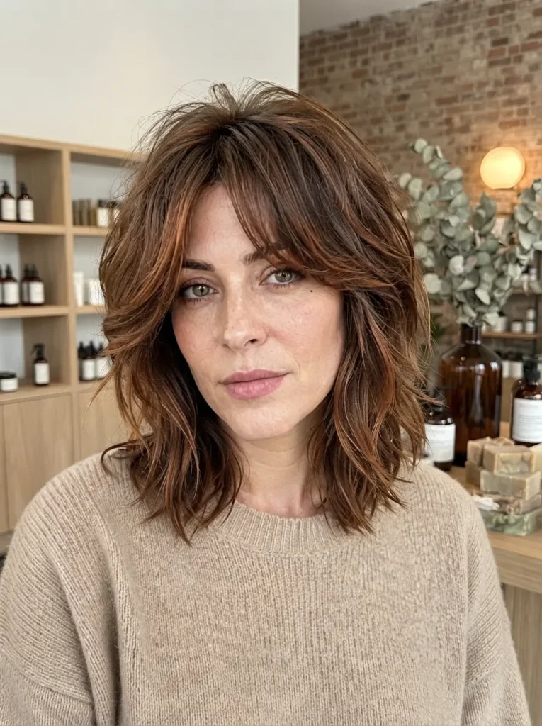 Woman displaying an auburn textured shag haircut with full fringe bangs wearing a beige sweater.