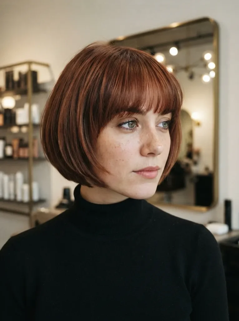 Auburn chin-length bob with straight bangs and a black turtleneck