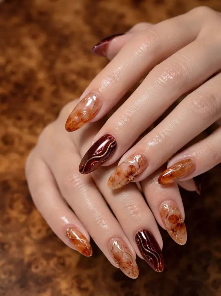 Hands displaying autumn-themed encapsulated brown floral nail art mixed with deep burgundy chrome and delicate gold line details.