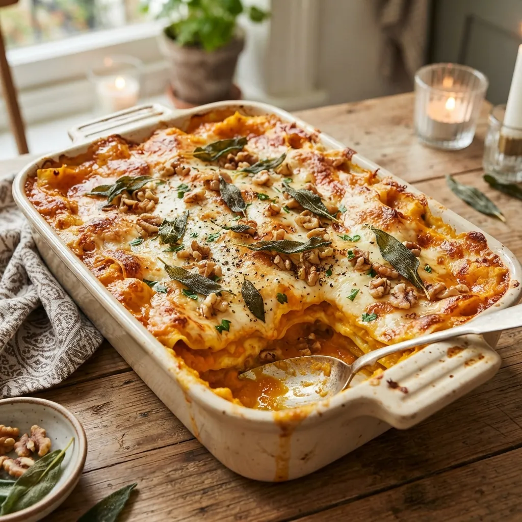 Baked butternut squash lasagna in a rectangular dish, garnished with chopped walnuts and crispy sage leaves.