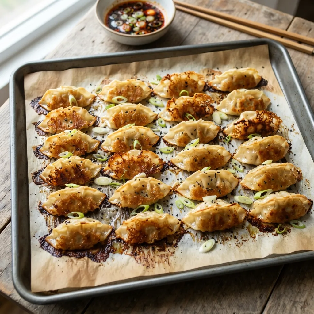 A large baking sheet lined with parchment paper filled with freshly baked golden-brown gyoza dumplings garnished with green onions and sesame seeds.