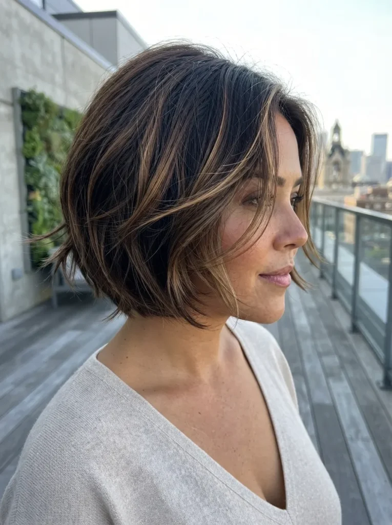 Side profile of a woman with a warm brown, highlighted wavy bob haircut outdoors against an urban rooftop backdrop.