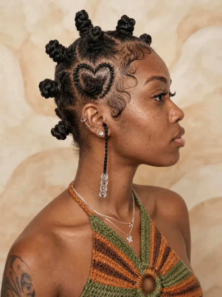 A hairstyle featuring Bantu knots and a side heart parting with a single beaded braid