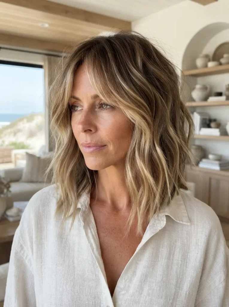 A woman with beachy blonde highlighted wavy bob hair and curtain bangs.