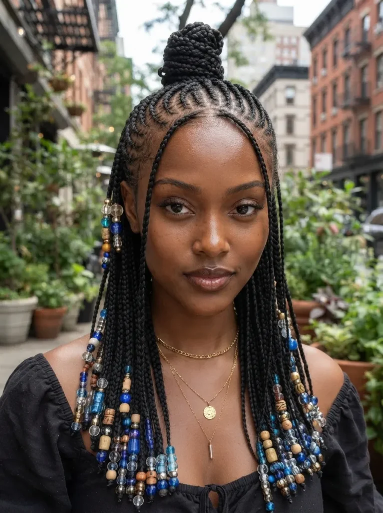 Outdoor portrait of a woman with black braided hair styled into a top bun and accessorized with colorful beads.