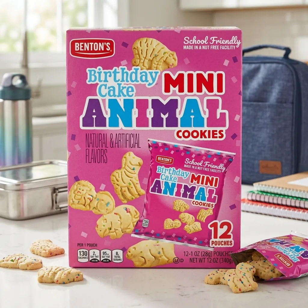 Benton's Birthday Cake Mini Animal Cookies box and pouch in pink packaging featuring animal-shaped cookies with sprinkles and 12 pouches.