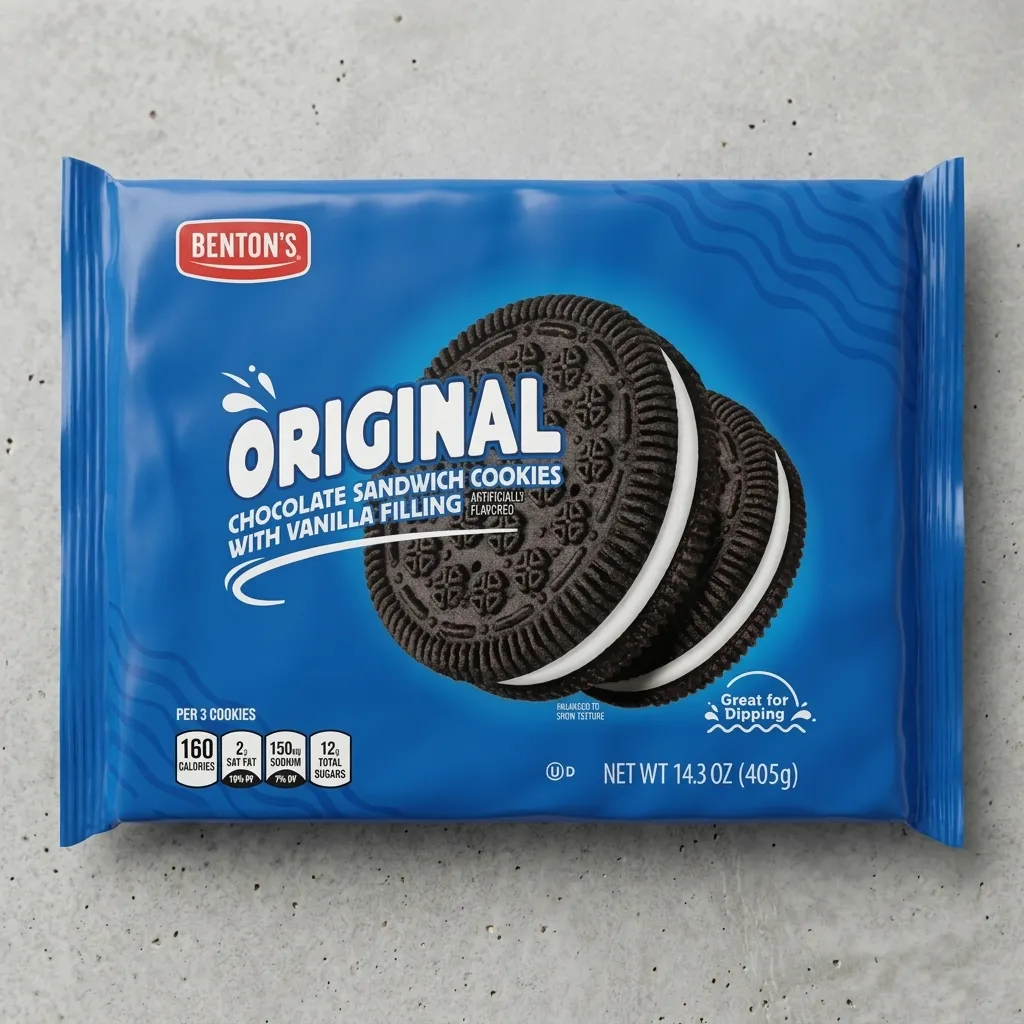 Benton's Original Chocolate Sandwich Cookies blue packaging showing chocolate cookies with white vanilla filling and a milk-dipping graphic.