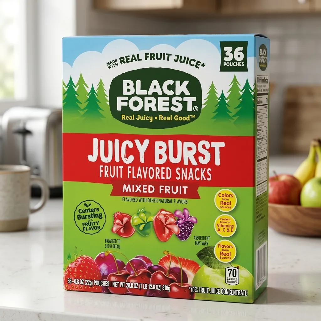 Black Forest Juicy Burst Mixed Fruit Snacks box showing 36 pouches, pineapples, clouds, and various fruit graphics including strawberries and apples.