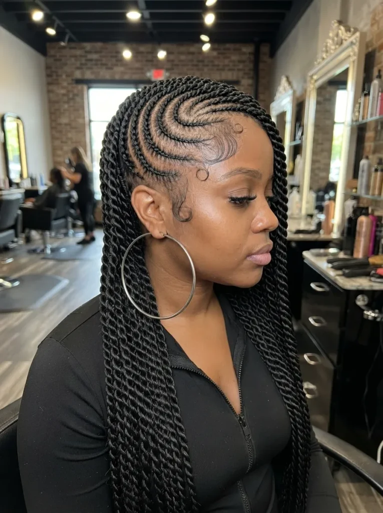 Side view of a woman wearing black lemonade cornrows on top that sweep into long, hanging twists, accessorized with large silver hoop earrings