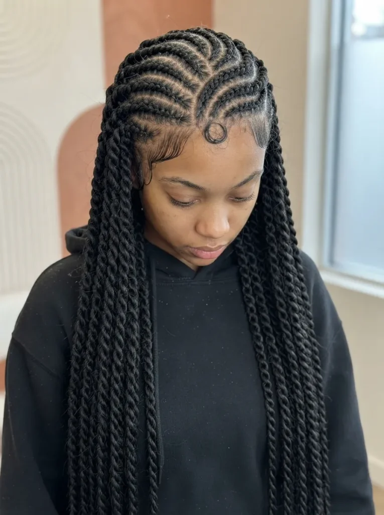 Close-up of a person wearing long black Senegalese twist braids with curved cornrow designs along the scalp