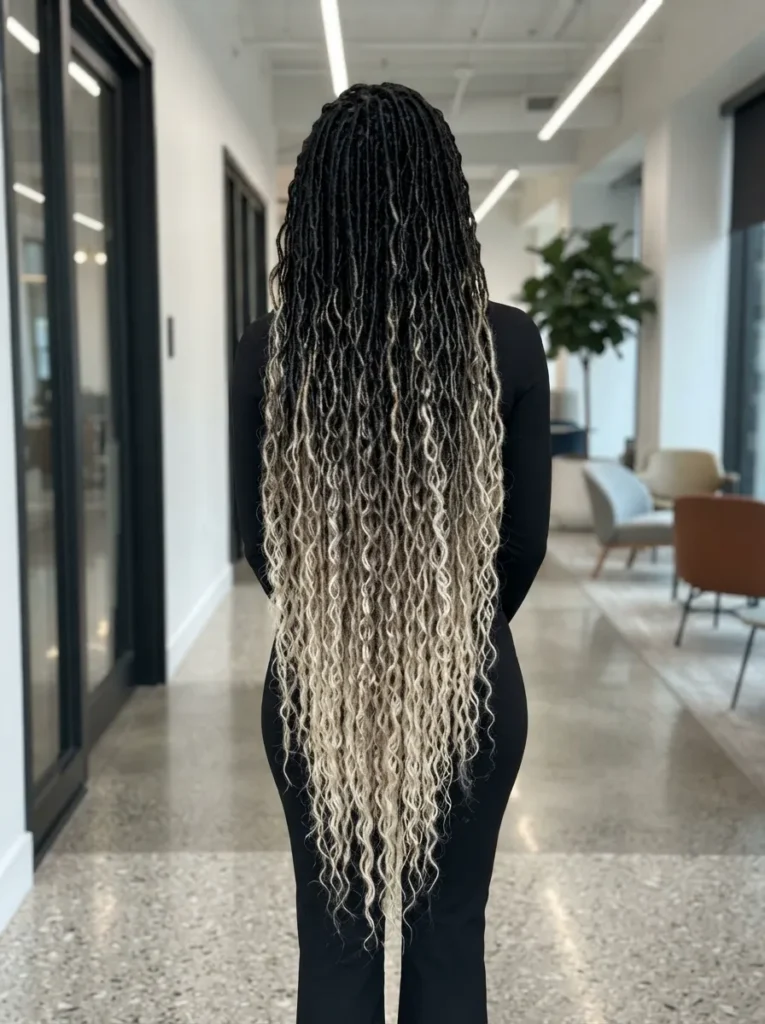 Back view of a person with ultra-long black-to-platinum blonde ombré distressed faux locs inside a modern hallway