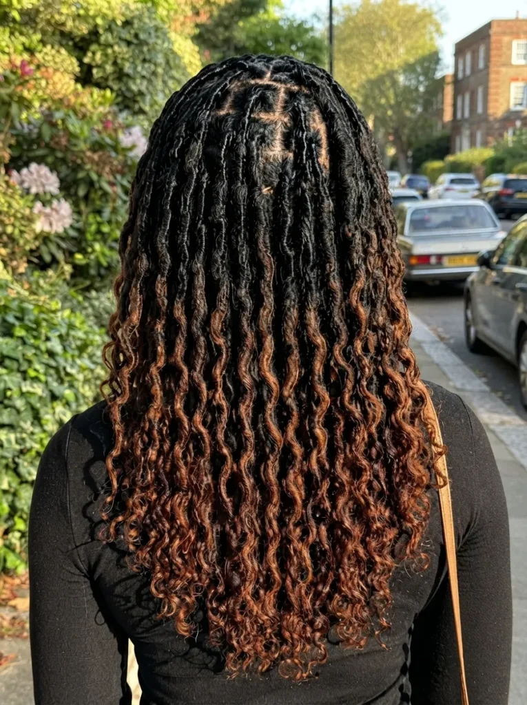 Back view of a person with long, distressed black and dark brown ombré faux locs featuring curly ends, walking down an outdoor street