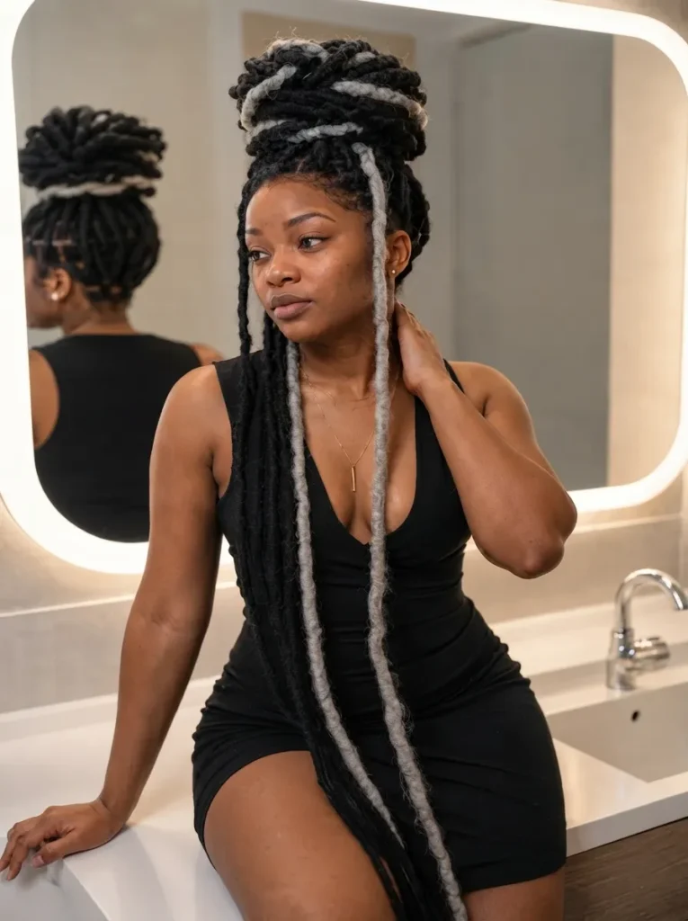 A woman with black and grey faux locs styled into a high bun
