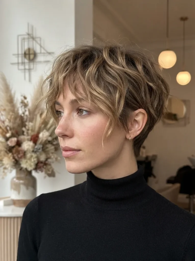 Woman wearing a black turtleneck showcasing a textured blonde bixie haircut with face-framing layers