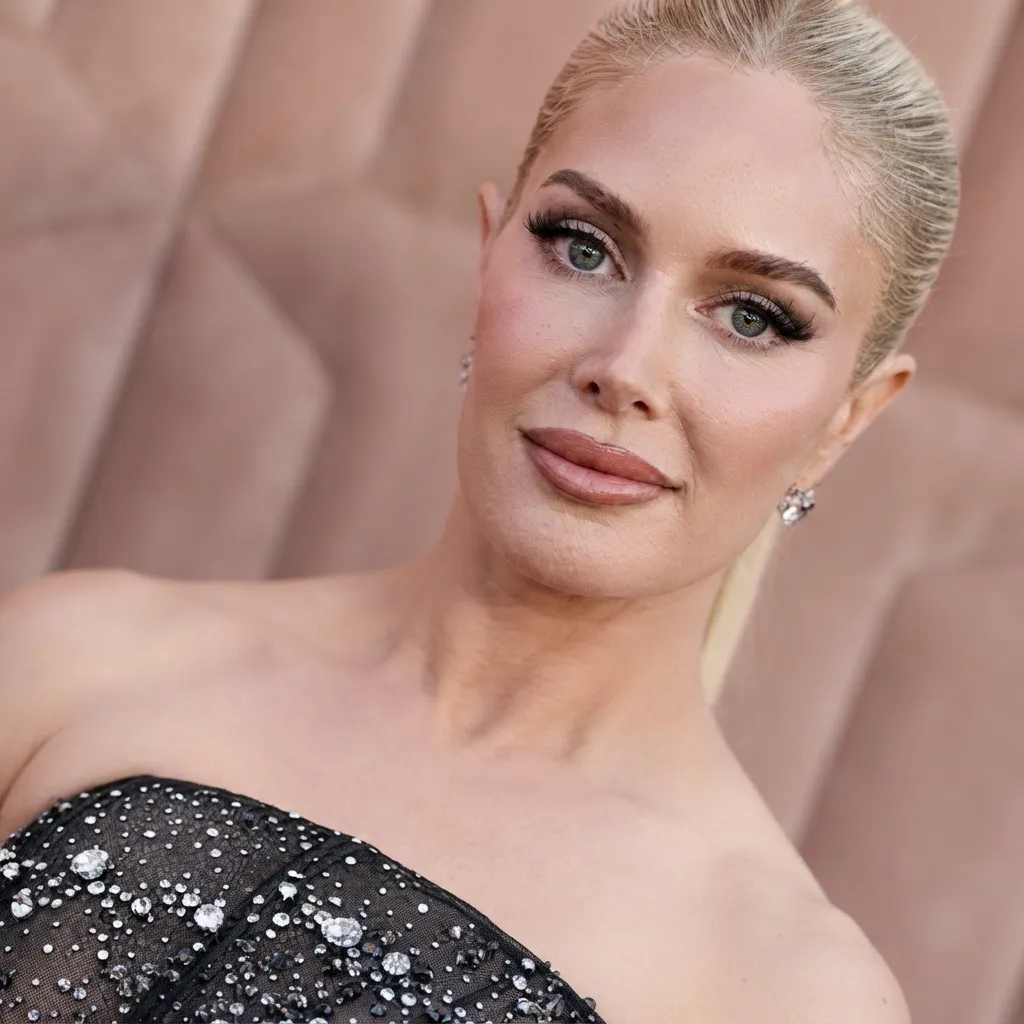 A close-up portrait of a blonde woman wearing a black strapless dress embellished with crystals against a textured neutral background.