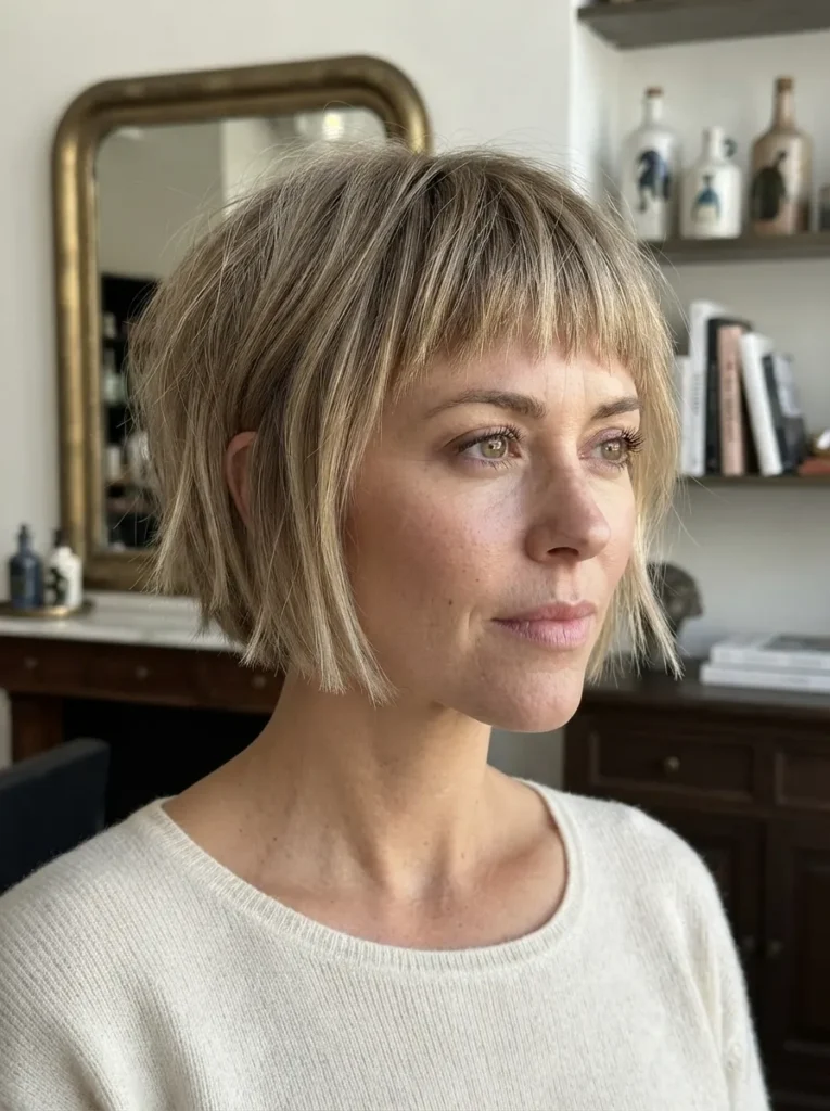 A woman with a blonde choppy bob and baby bangs wearing a white sweater.