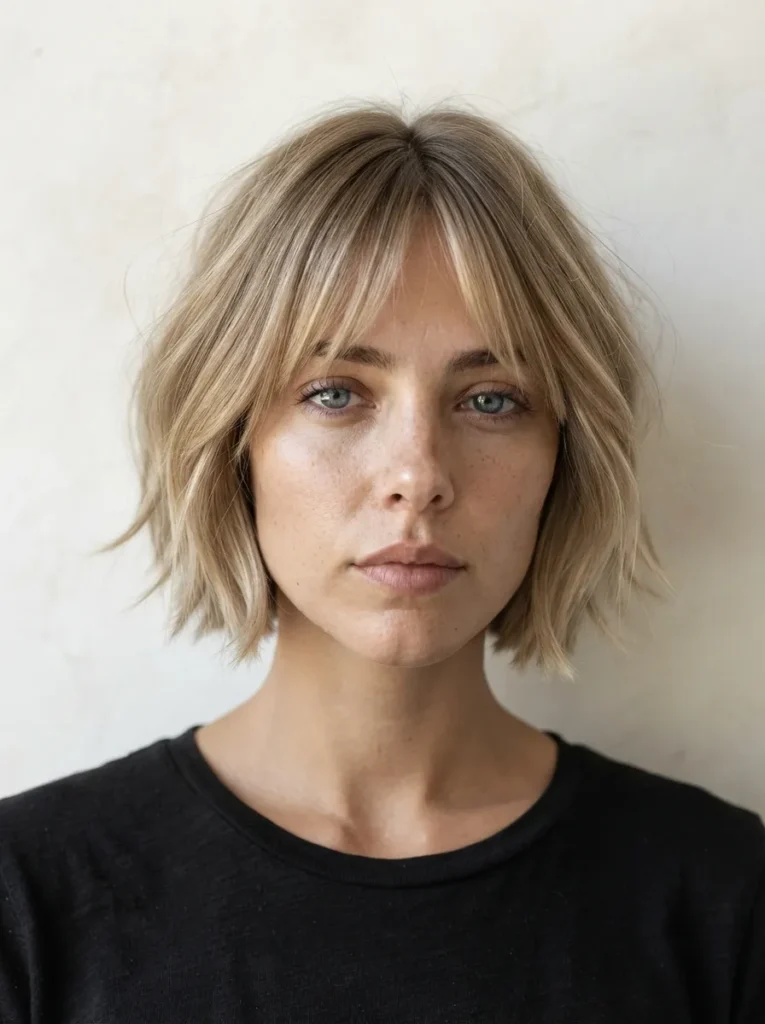 Blonde choppy bob with curtain bangs