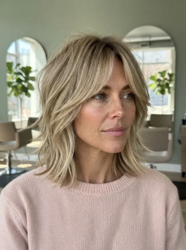 Blonde choppy shag haircut with curtain bangs and a pink sweater.